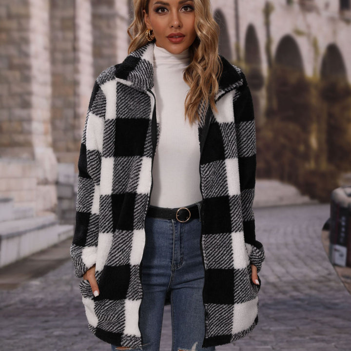 Plaid Plush Jacket for Women with Practical Pockets Lune London