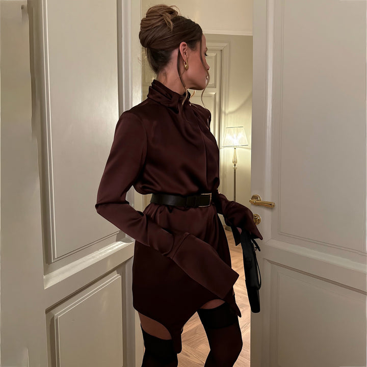 Elegant mini satin dress for women with a high collar and ruched details Lune London