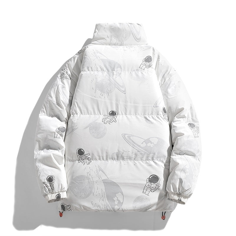 Ladies futuristic quilted jacket with astronaut patterns Lune London