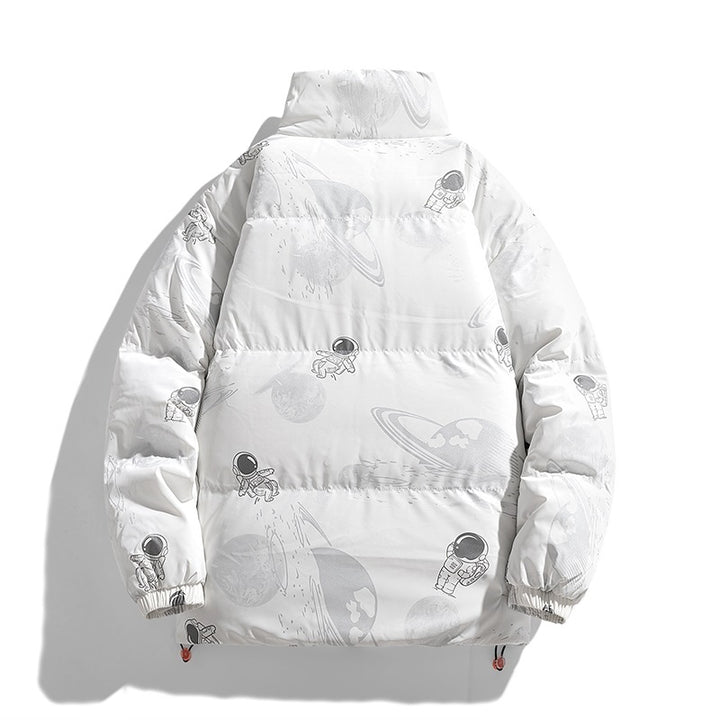 Ladies futuristic quilted jacket with astronaut patterns Lune London