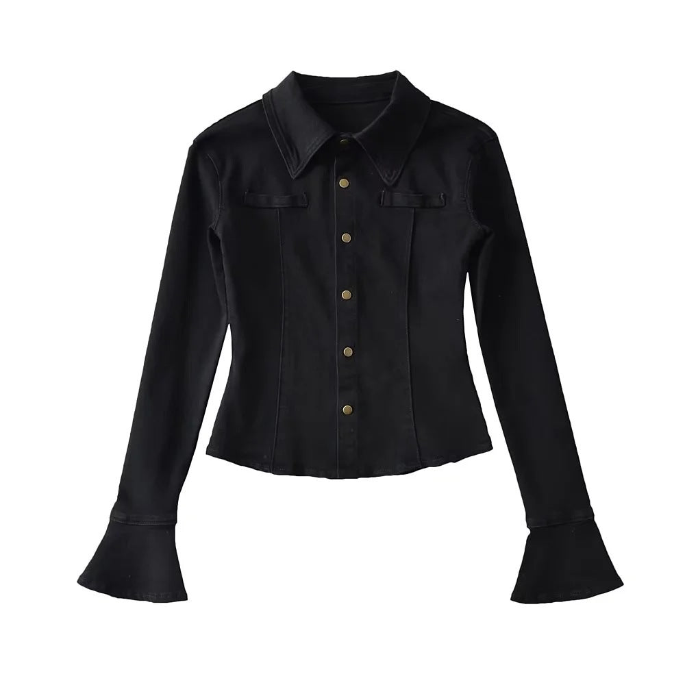 Jean shirt for women with fashionable bell sleeves and chic patch pockets