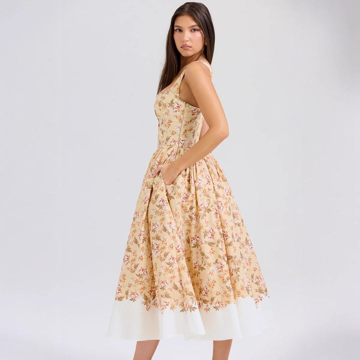 Chic & Stil Elegant Floral Pattern Midi Dress with Fine Straps