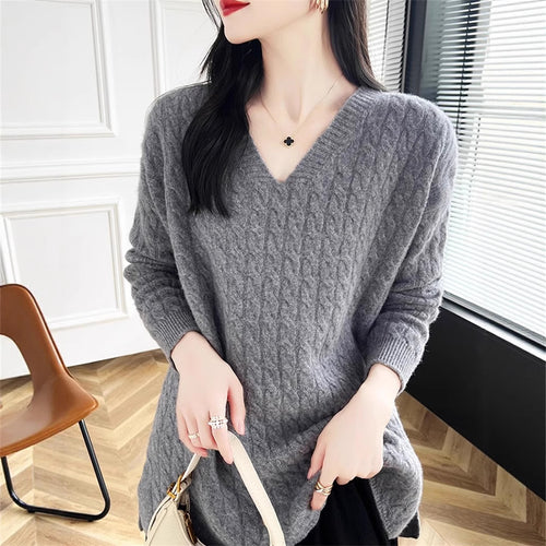Pull épais en tricot pour femme avec deep V-neck et tissu texturé Chic & Stil