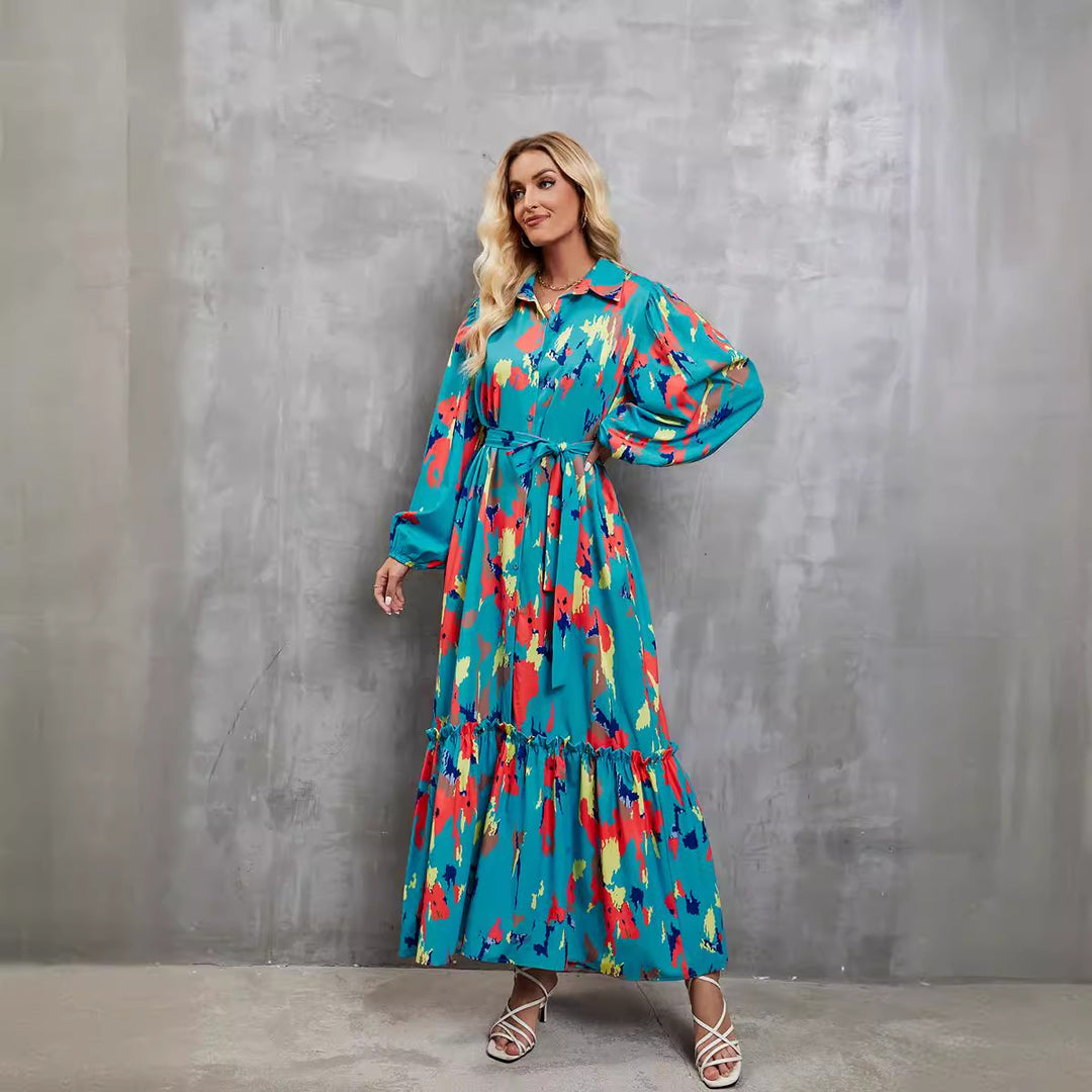 Ladies elegant maxi dress with high neck collar and colorful pattern Lune London