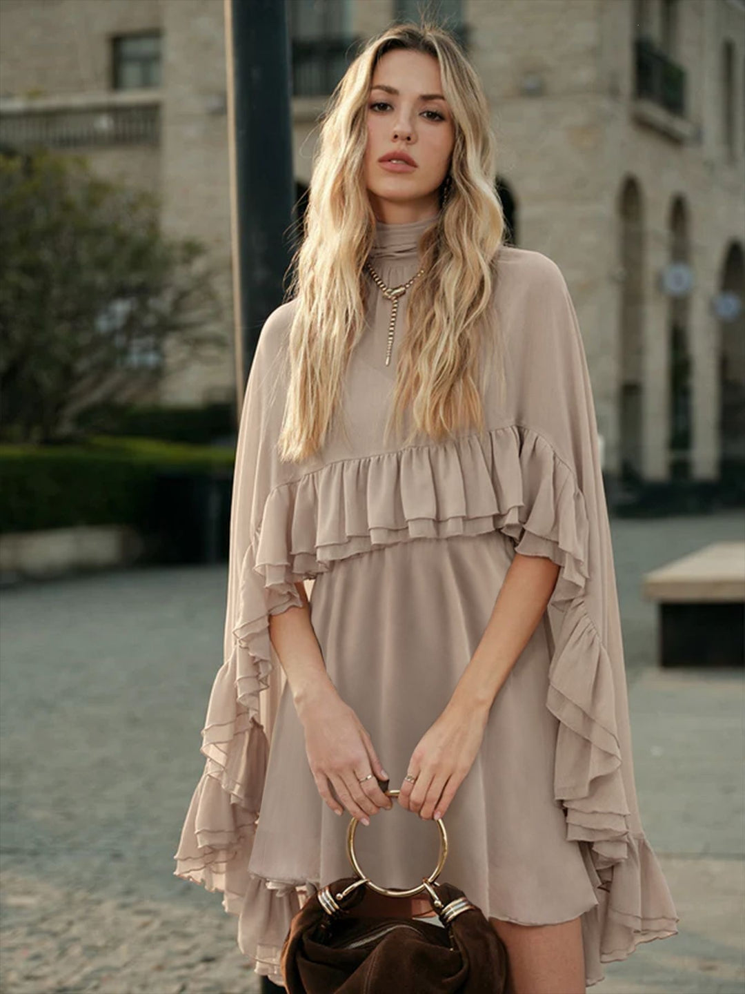 Women Elegant Ruffle Dress with High Neckline and Flowing Cut Lune London