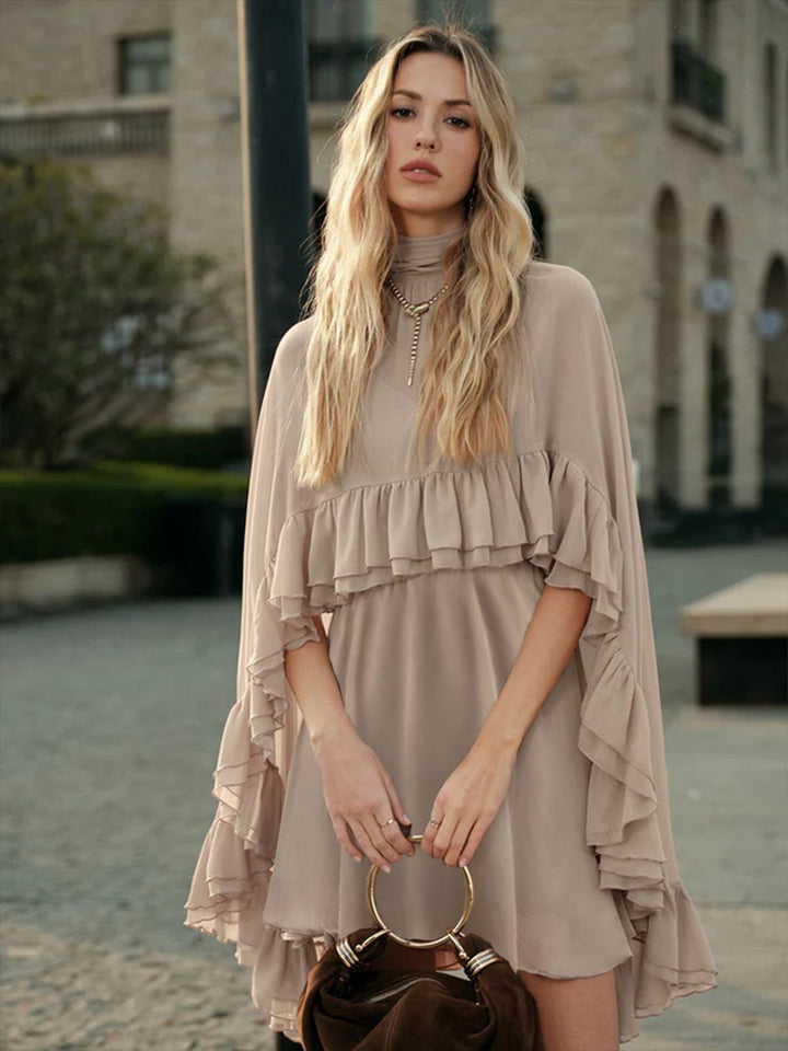 Women Elegant Ruffle Dress with High Neckline and Flowing Cut Lune London