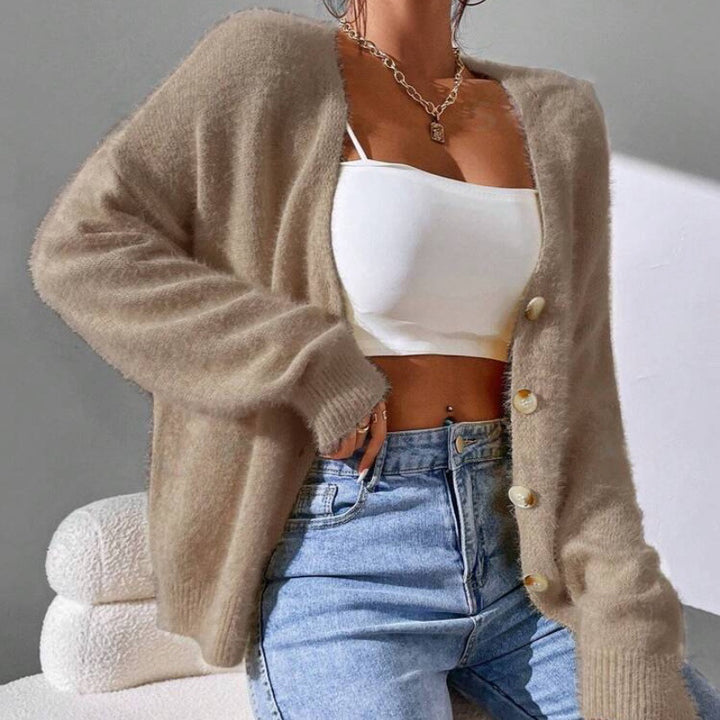 Ladies fluffy knit cardigan with golden buttons and relaxed fit Lune London