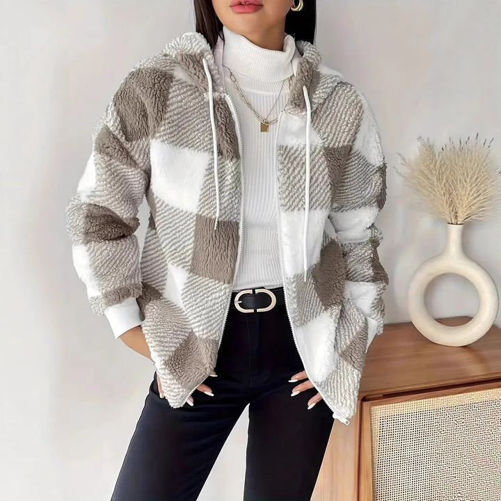 Ladies Cozy Hooded Jacket in Chic Checkered Design