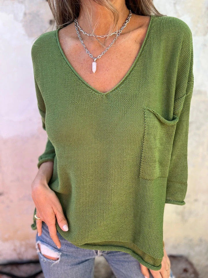Pull-over V à col en V pour femmes avec poche pratique Lune London