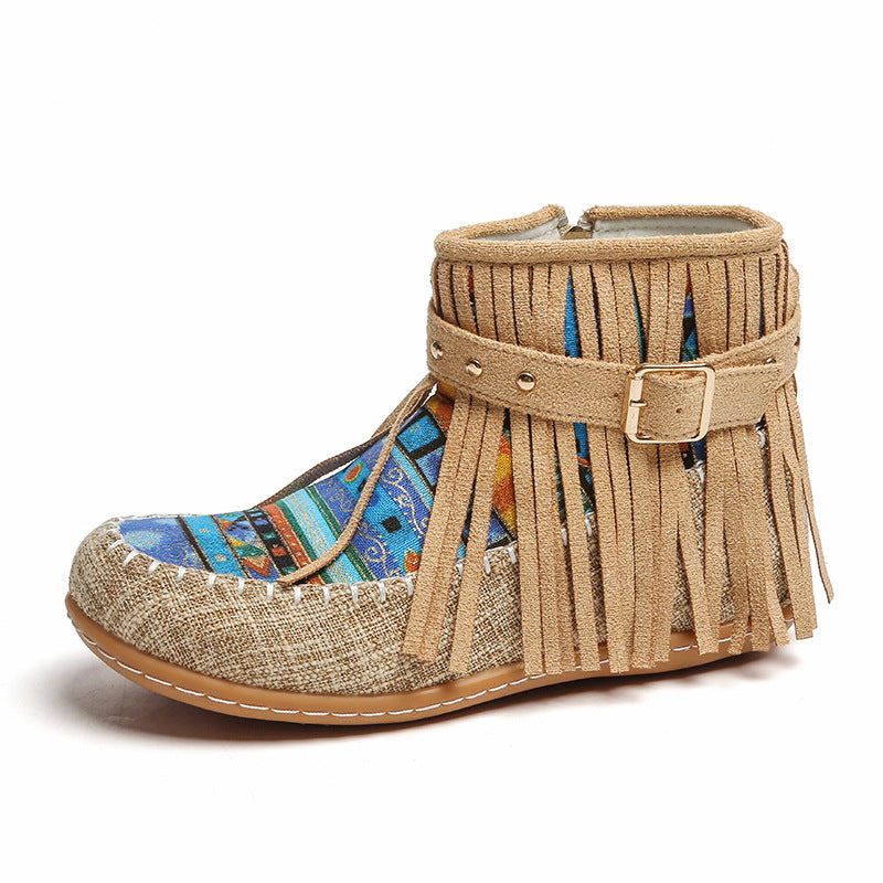 Short fringe boots for women made of high-quality fabric with a colorful ethnic pattern Lune London