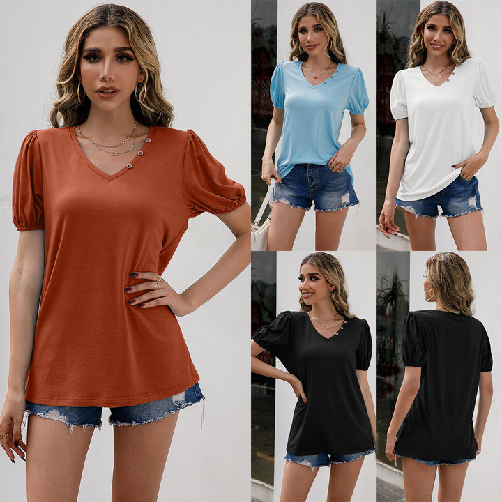 V-neck t-shirt for women with trendy puff sleeves and button details Lune London