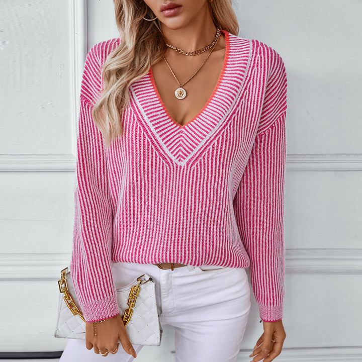 Knitted pullover for women with V-neck and striped design Lune London