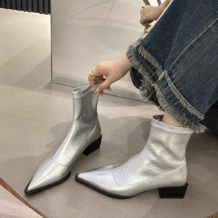 Ladies Elegant Ankle Boots with Pointed Toe and Block Heel Lune London