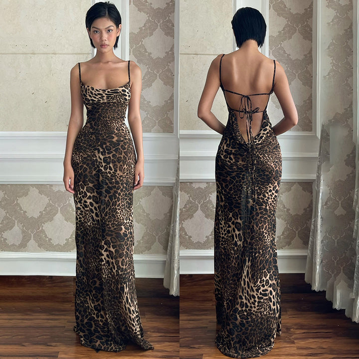 Ladies Elegant Maxi Dress Leopard Print Backless Chic and Style