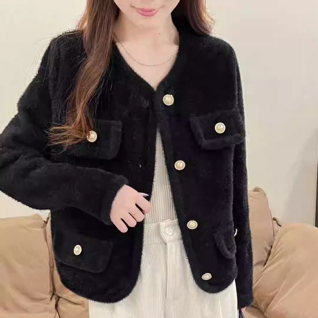 Women Plush Cardigan with Decorative Button Details and Practical Pockets Lune London