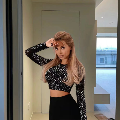 Ladies Elegant Long Sleeve Crop Top with Chic Pearl Trim and Style