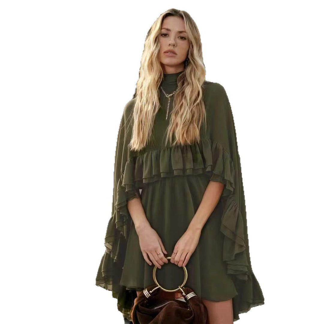 Women Elegant Ruffle Dress with High Neckline and Flowing Cut Lune London