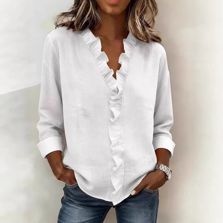 Women's romantic blouse with ruffle details and V-neck Lune London