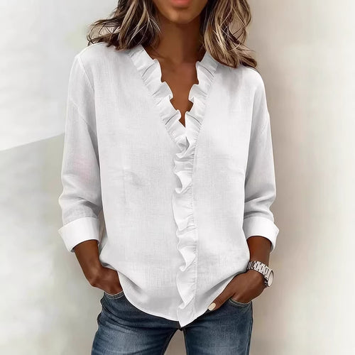 Women's romantic blouse with ruffle details and V-neck Lune London