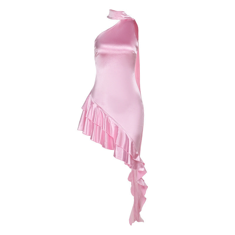 Asymmetrical ruffle satin evening dress for women Lune London