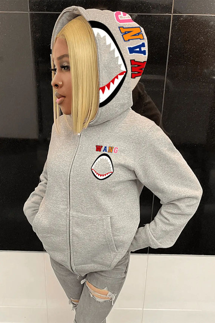 Hooded jacket for women with a creative shark design and modern embroideries Lune London