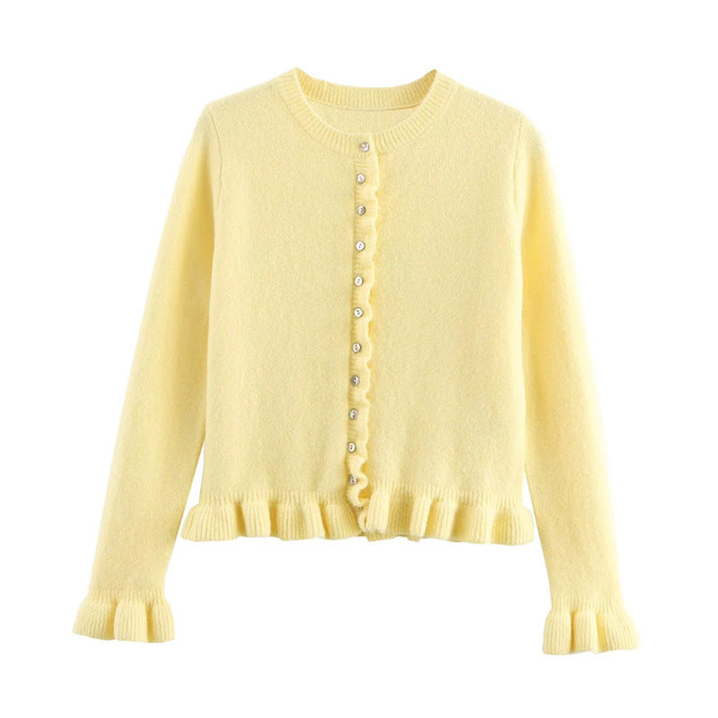 Casual knit jacket for women with ruffle details and a button closure Lune London