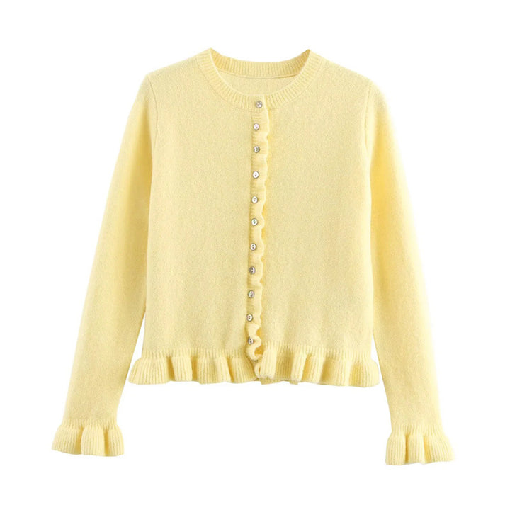 Casual knit jacket for women with ruffle details and a button closure Lune London