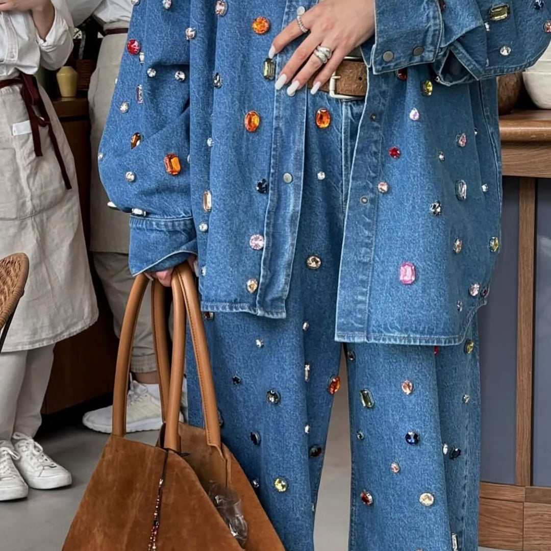Denim set for women with colorful appliqués and a loose fit Lune London