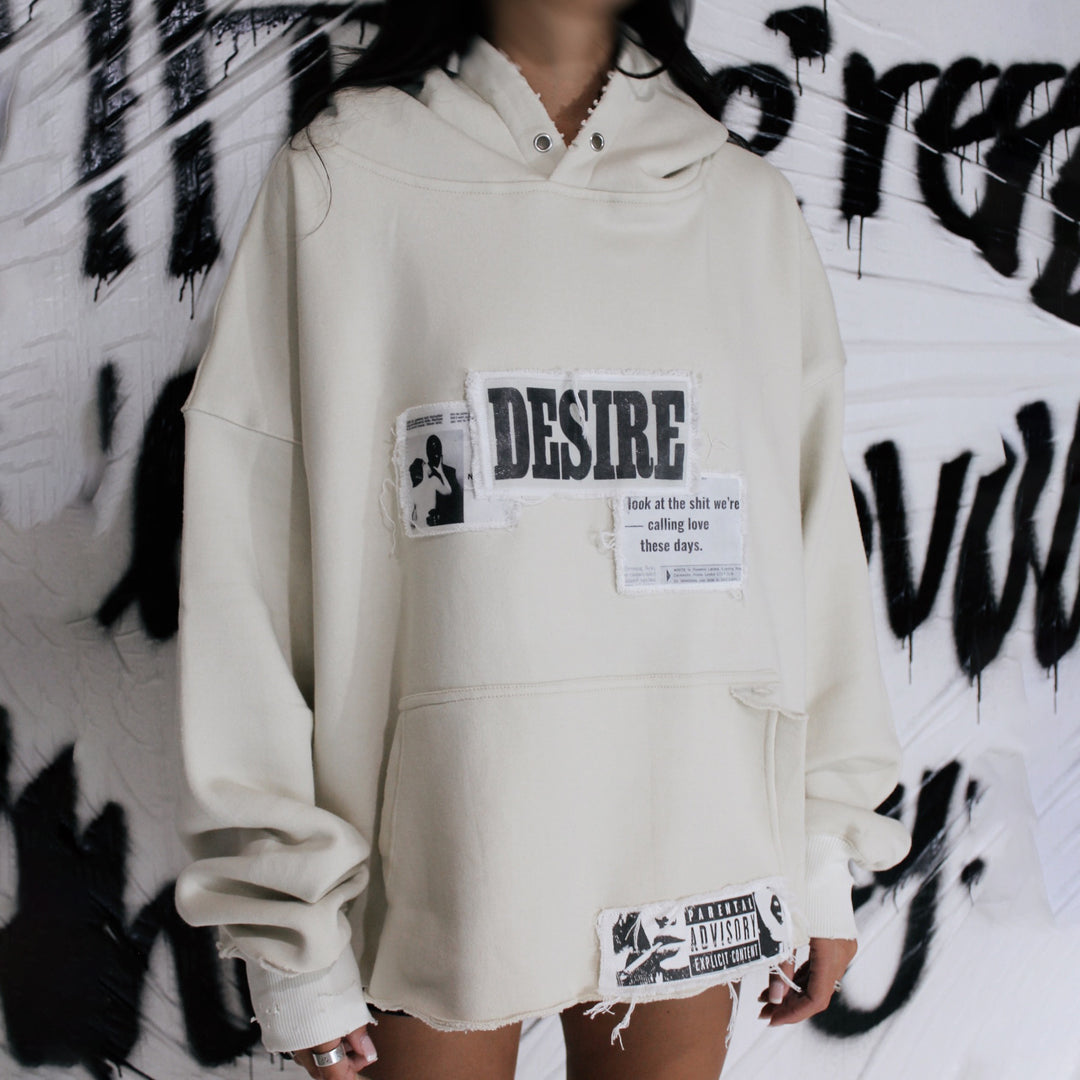 Ladies trendy oversized hoodie with graphic print and distressed details Lune London