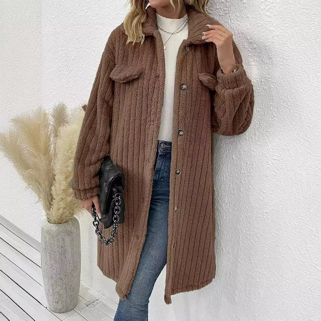 Ladies Comfortable Long Waffle Coat with Pockets and Button Closure Lune London