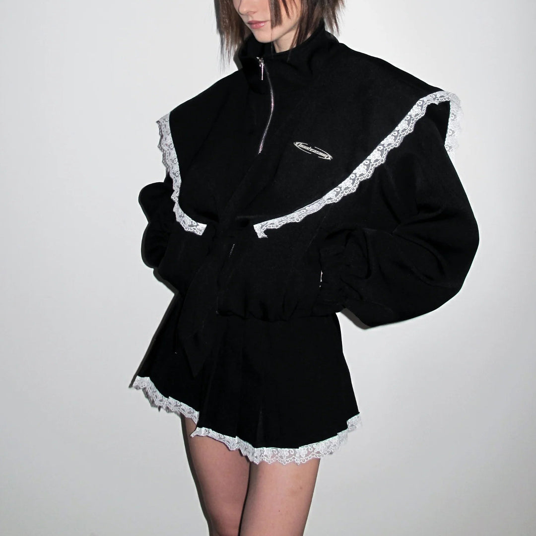 Oversized women's jacket with decorative lace collar and tie belt Lune London