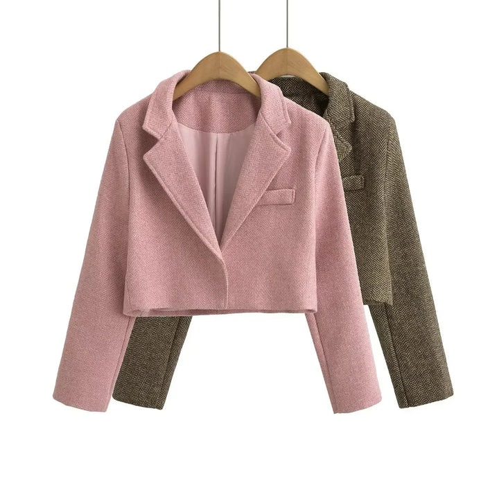 Short blazer jacket for women with an elegant herringbone design Lune London