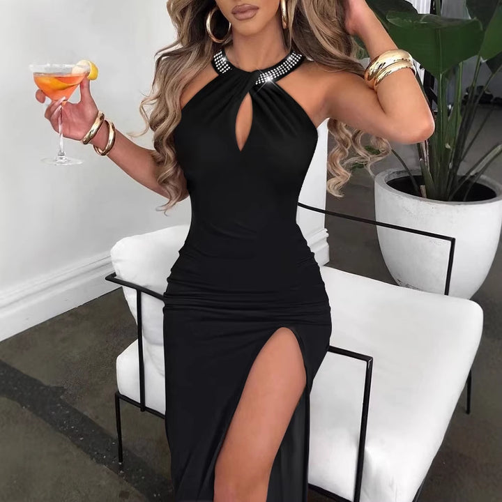 Women's Elegant Tube Dress with Rhinestone Details and Sexy Leg Slit Lune London