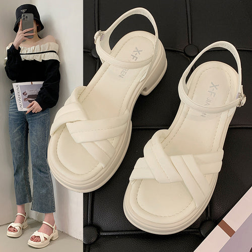 Women's sandals with an elegant cross strap and a chic block heel Lune London