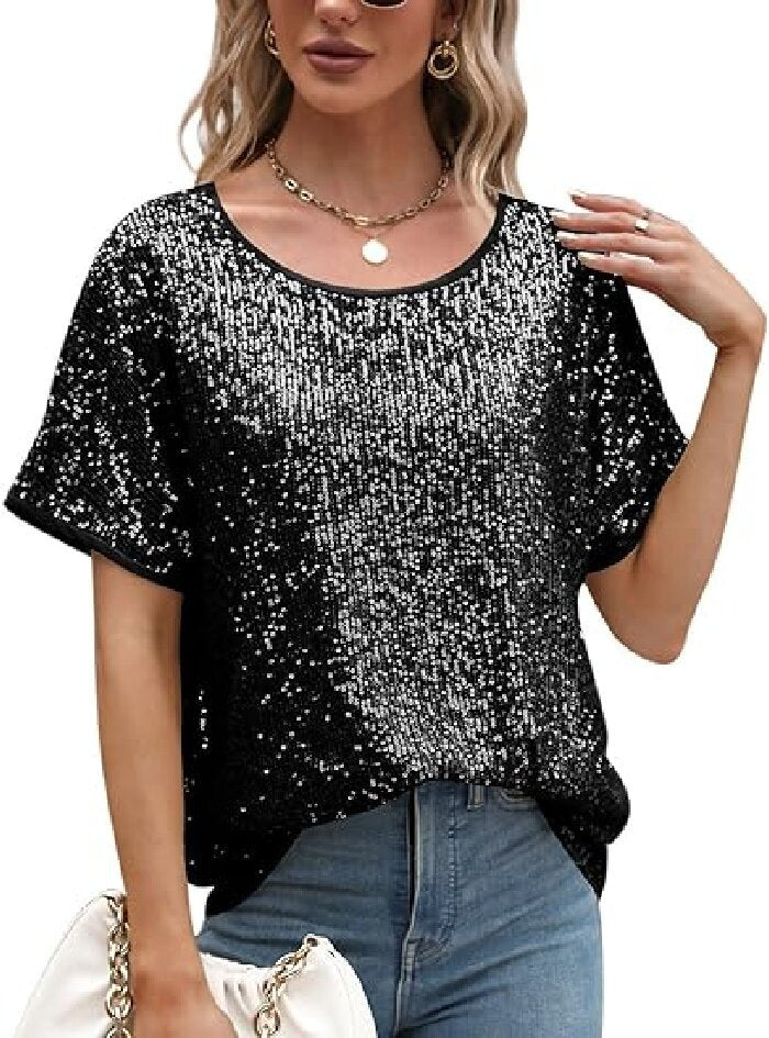 Women Glamorous Sequin Top with Wide Sleeves and Loose Fit Lune London