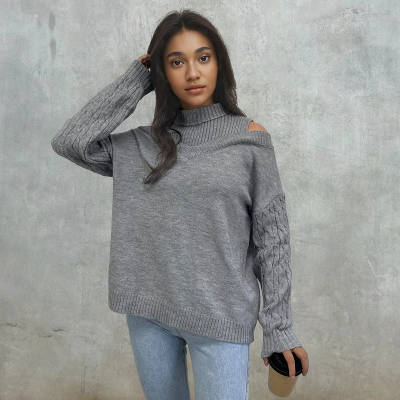 Knit sweater for ladies with an open shoulder design and an elegant high collar Lune London