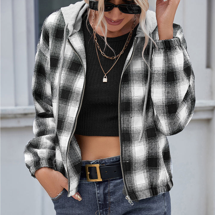 Casual cotton jacket for women with checkered pattern and hood Lune London