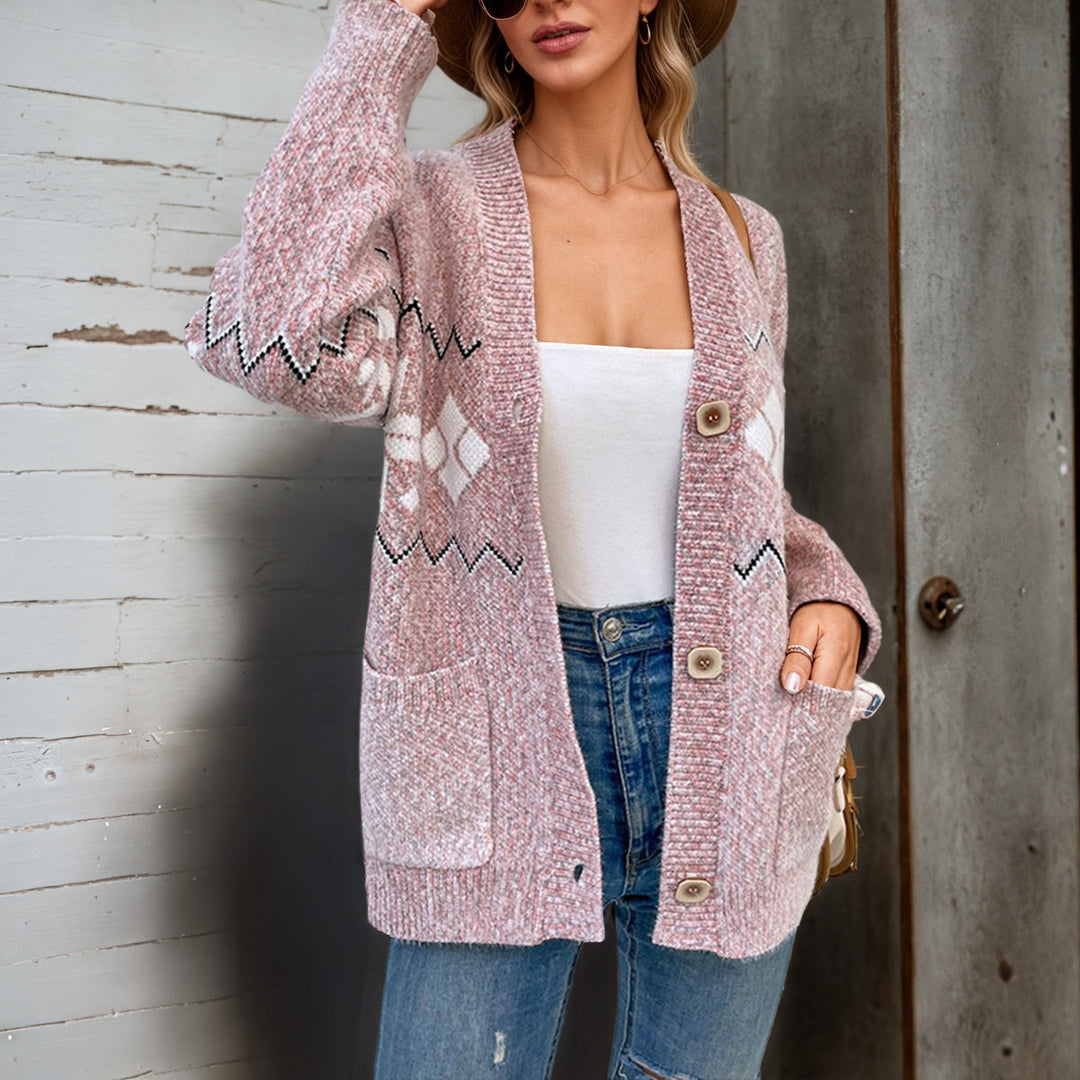 Ladies Large knitted cardigan with contemporary zigzag pattern and practical pockets Lune London