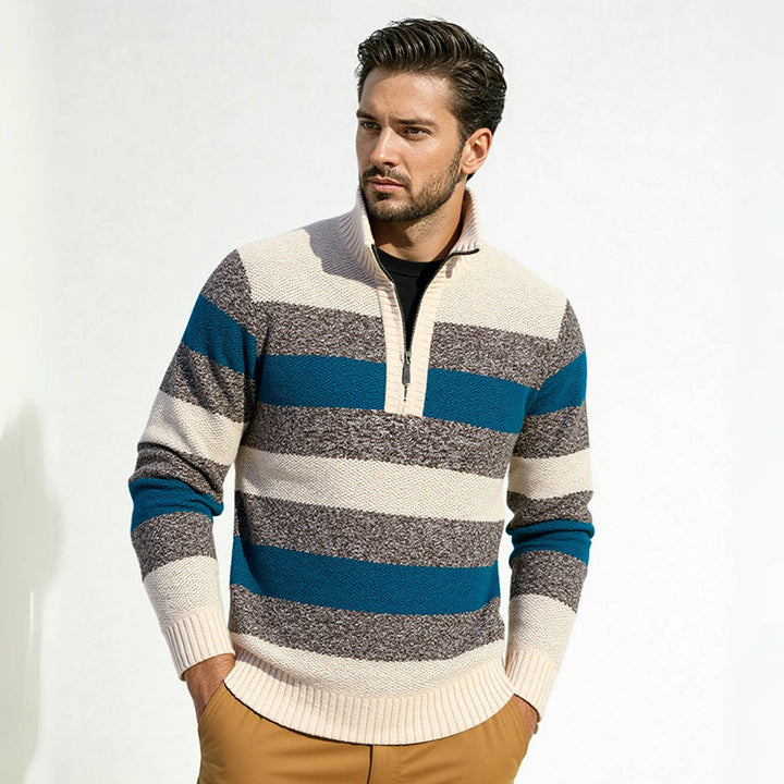Trendy knitted sweater for men with half-zip and striped design Lune London