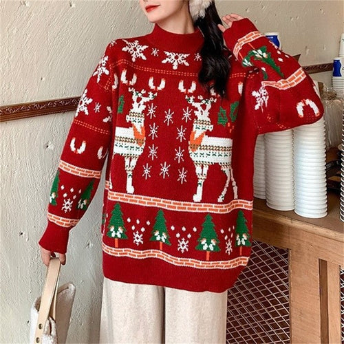 Festive sweater for women with 3D reindeer pattern and high collar Lune London