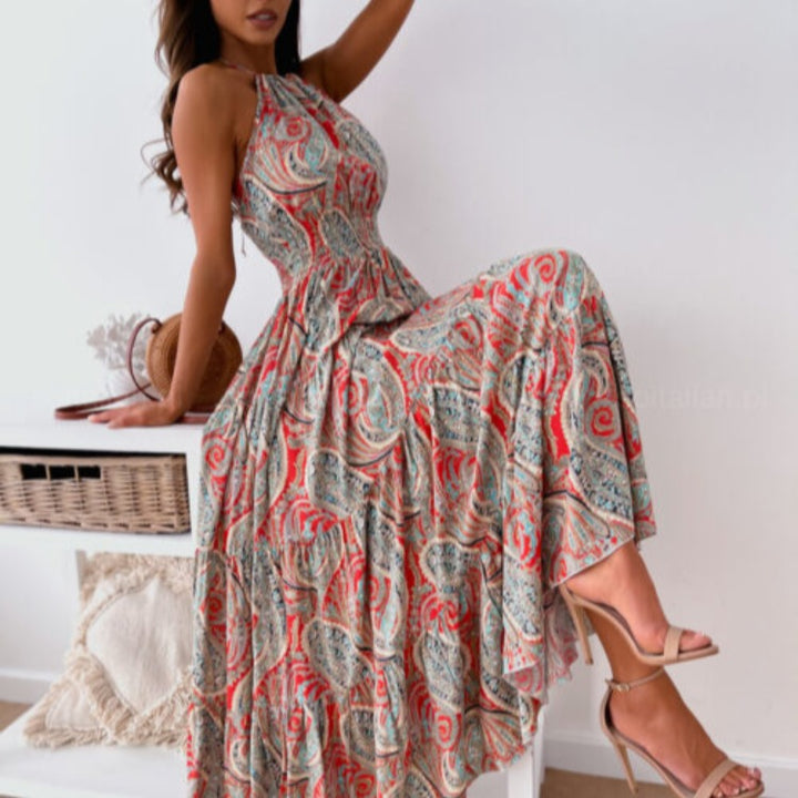 Maxi dress for women in boho style with a scoop neck and flowy skirt Lune London