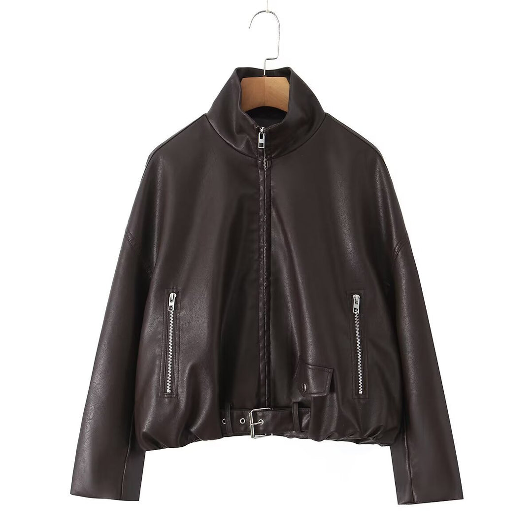 Veste en faux cuir pour femmes avec col montant et design unique Chic & Stil