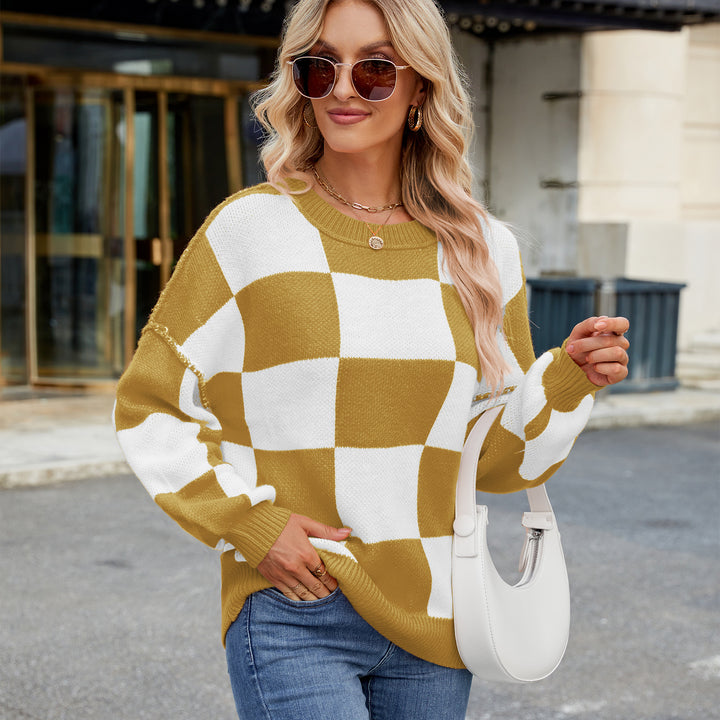 Checked knit sweater for women in breathable Lune London