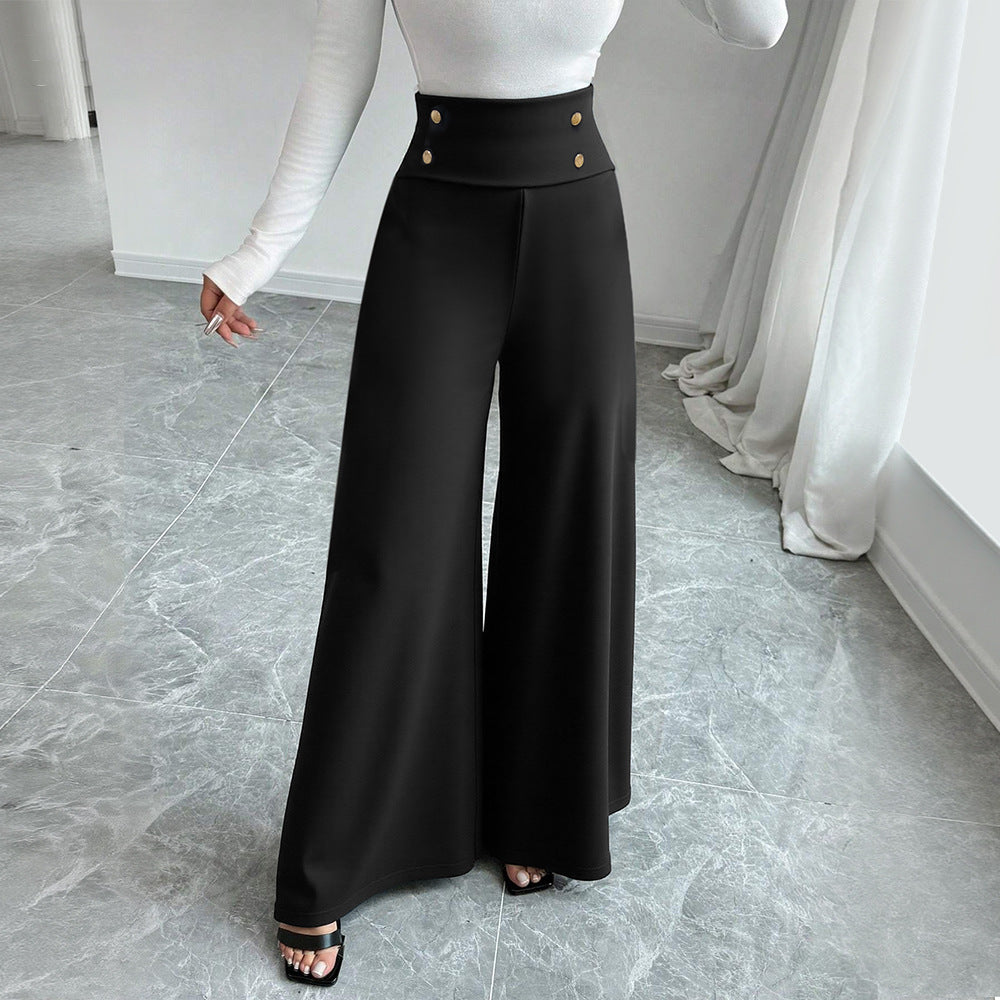 Pantalons Palazzo larges pour femmes avec taille haute et détails de bouton décoratif Chic & Stil