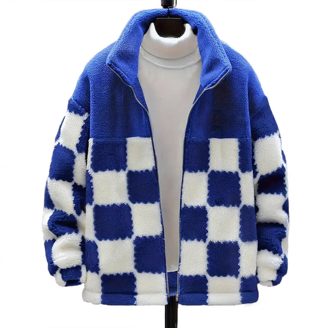 Fleece jacket for women with checkered pattern and high collar Lune London
