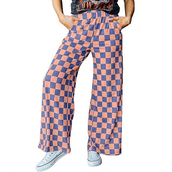 Women's Checkered Palazzo Pants with Elastic Waistband and Practical Side Pockets Chic und Stil