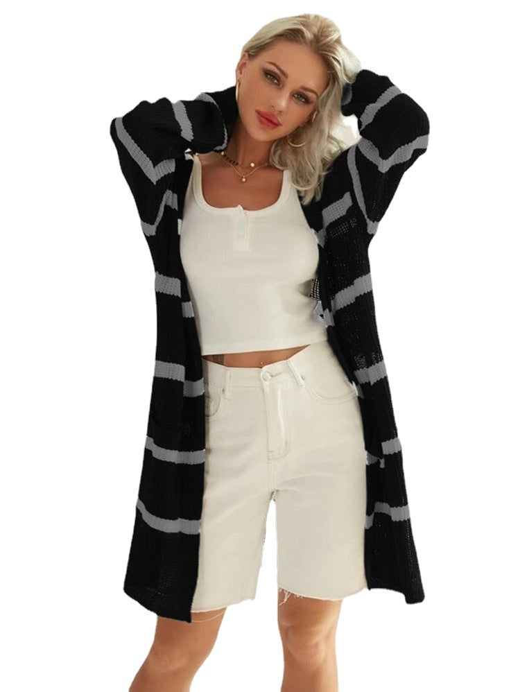 Casual knit cardigan for women with striped design and open front Lune London
