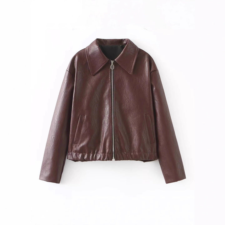 Trendy faux leather jacket for women with oversized collar Lune London
