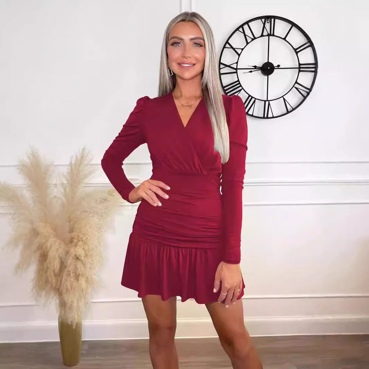 Women Figure-flattering Wrap Dress with Long Sleeves and Ruffle Hem Lune London