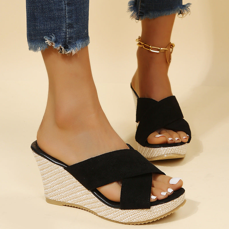 Wedge sandals for women with elegant crossover strap and lightweight insole Lune London